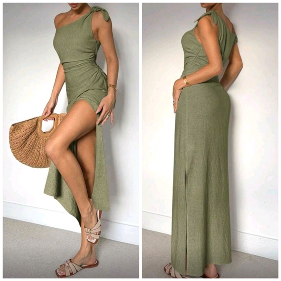 Boutique Dresses & Skirts - New Chic Linen Blend Tie Shoulder Long Dress Olive Green